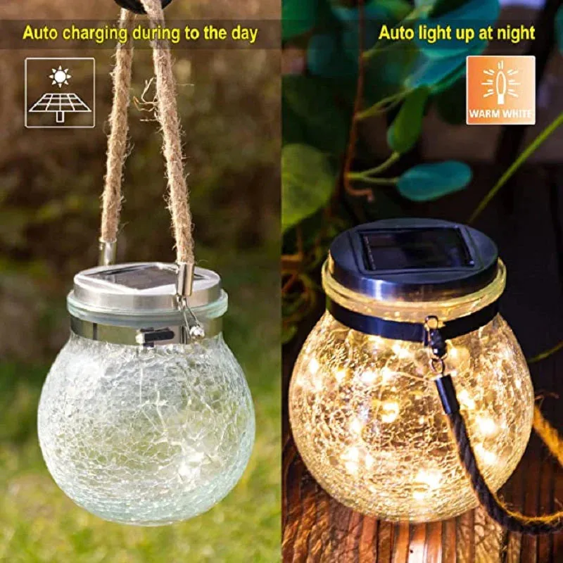 1 Piece Clear Crackle Glass Wishing Jar LED Hanging Light Modern Solar Pendant Light