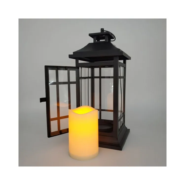 14" Black Window Battery-Operated Metal Lantern with LED Candle and Timer