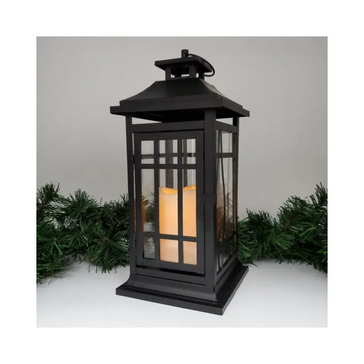 14" Black Window Battery-Operated Metal Lantern with LED Candle and Timer