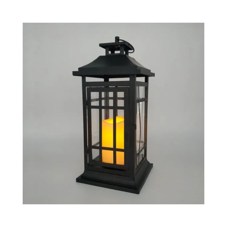 14" Black Window Battery-Operated Metal Lantern with LED Candle and Timer