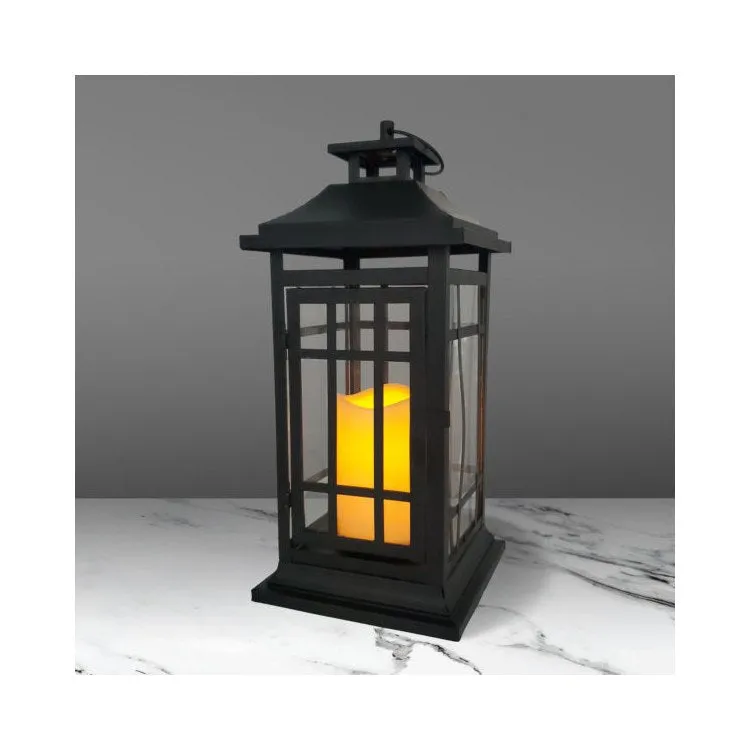 14" Black Window Battery-Operated Metal Lantern with LED Candle and Timer