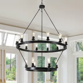 40.2" Large Vintage Double Round Candle Chandelier Living Room Ceiling Candle Holder Chandelier Black Chain Chandelier