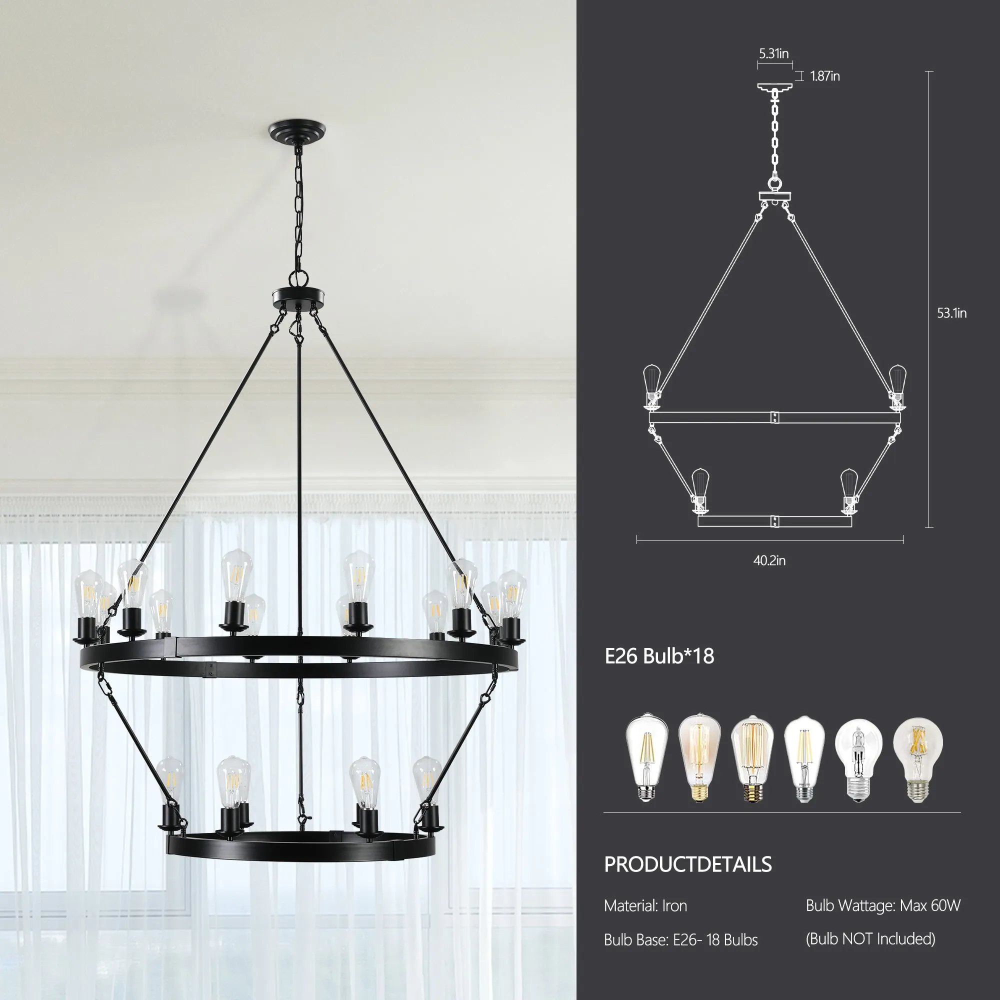 40.2" Large Vintage Double Round Candle Chandelier Living Room Ceiling Candle Holder Chandelier Black Chain Chandelier