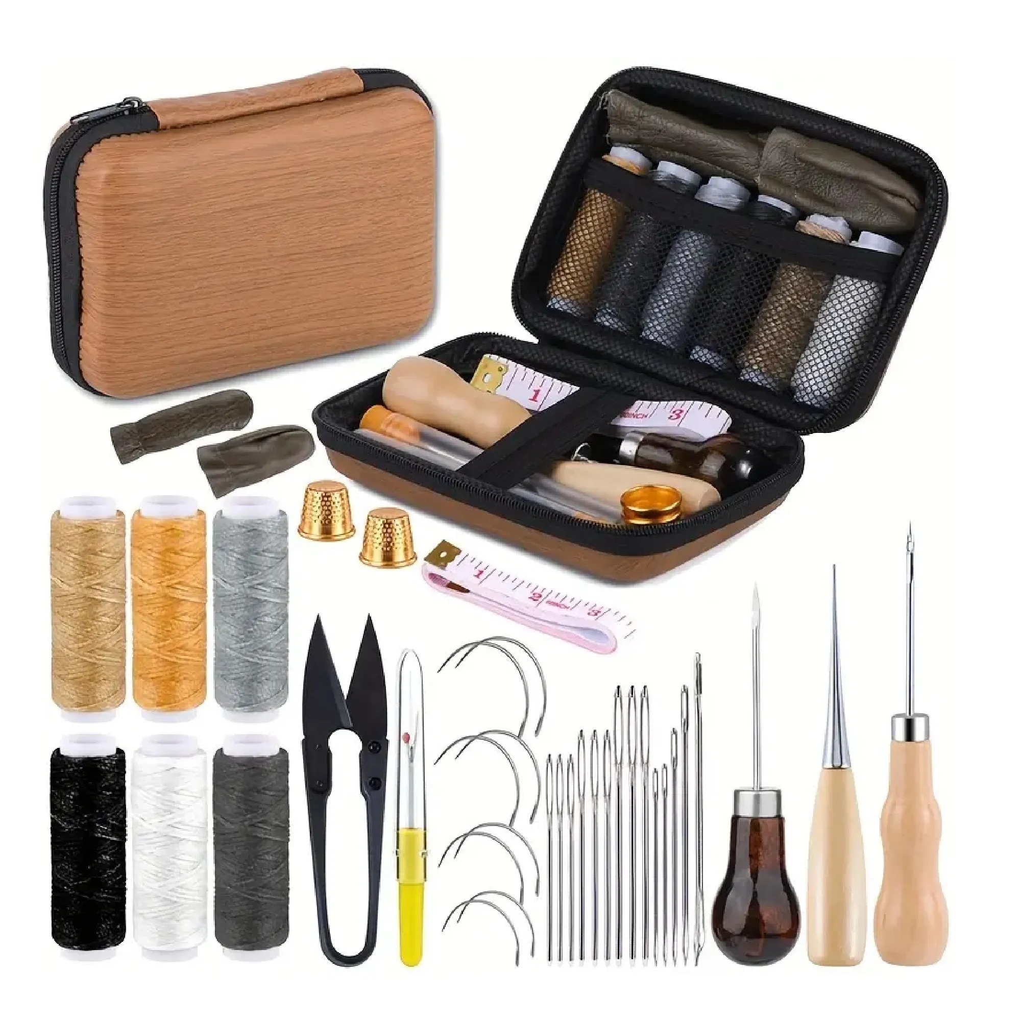 4pcs Leather Working Kit With Waxed Thread, Sewing Awl, Leather Repair Sewing Kit Leather Stitching Kit, Leather Sewing Needles, Leather Upholstery Repair Kit For Adult Leather Craft DIY