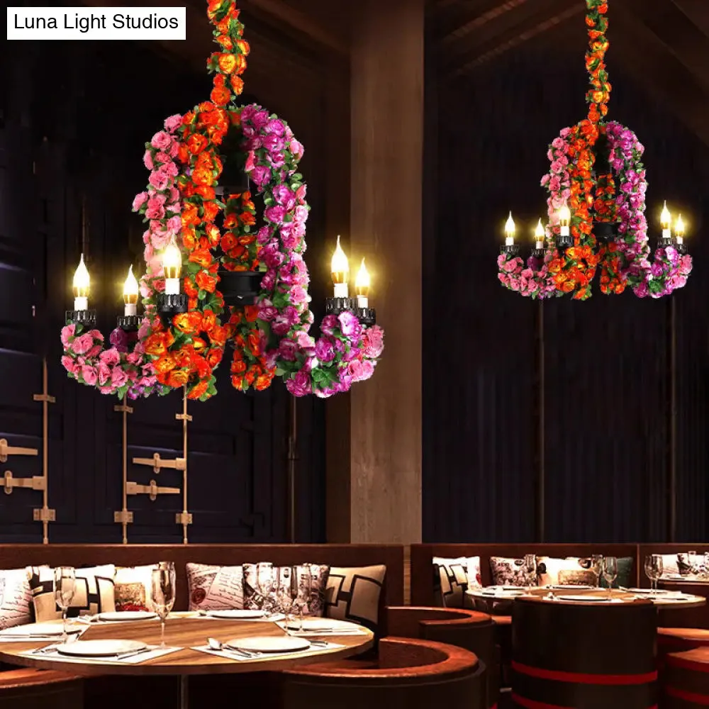 6-Head Metal Hanging Light Kit: Purple Curved Arm Chandelier with Flower Decoration - Industrial Restaurant Lighting