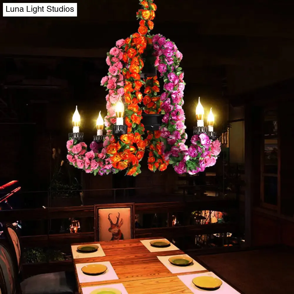 6-Head Metal Hanging Light Kit: Purple Curved Arm Chandelier with Flower Decoration - Industrial Restaurant Lighting