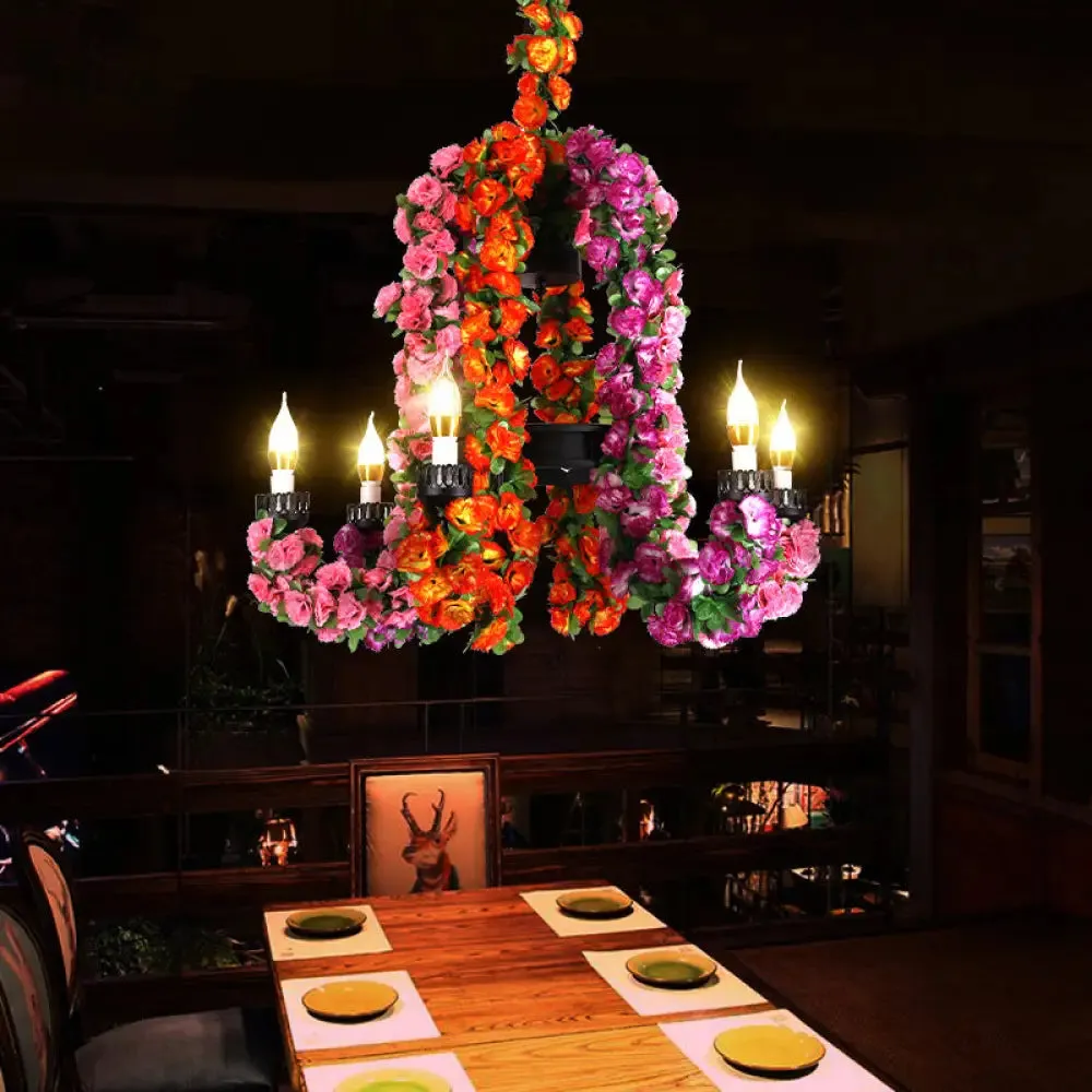 6-Head Metal Hanging Light Kit: Purple Curved Arm Chandelier with Flower Decoration - Industrial Restaurant Lighting