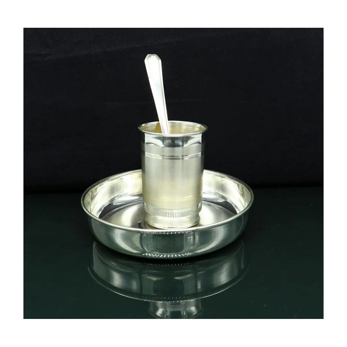 999 fine silver handmade small water/milk Glass tumbler, tray /plate baby kids silver cup & spoon utensils