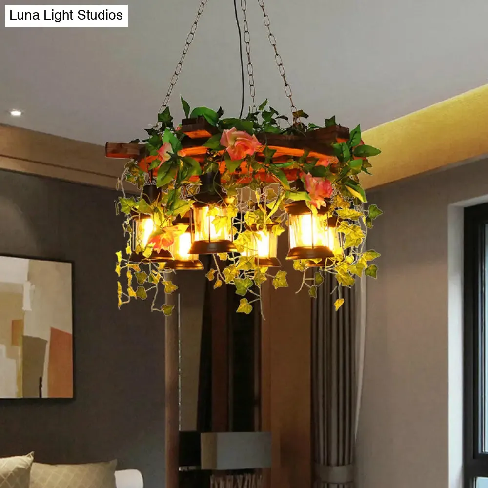 Antique Metal Chandelier with 6 LED Heads and Green Plant Decoration for Restaurant Pendant Lighting