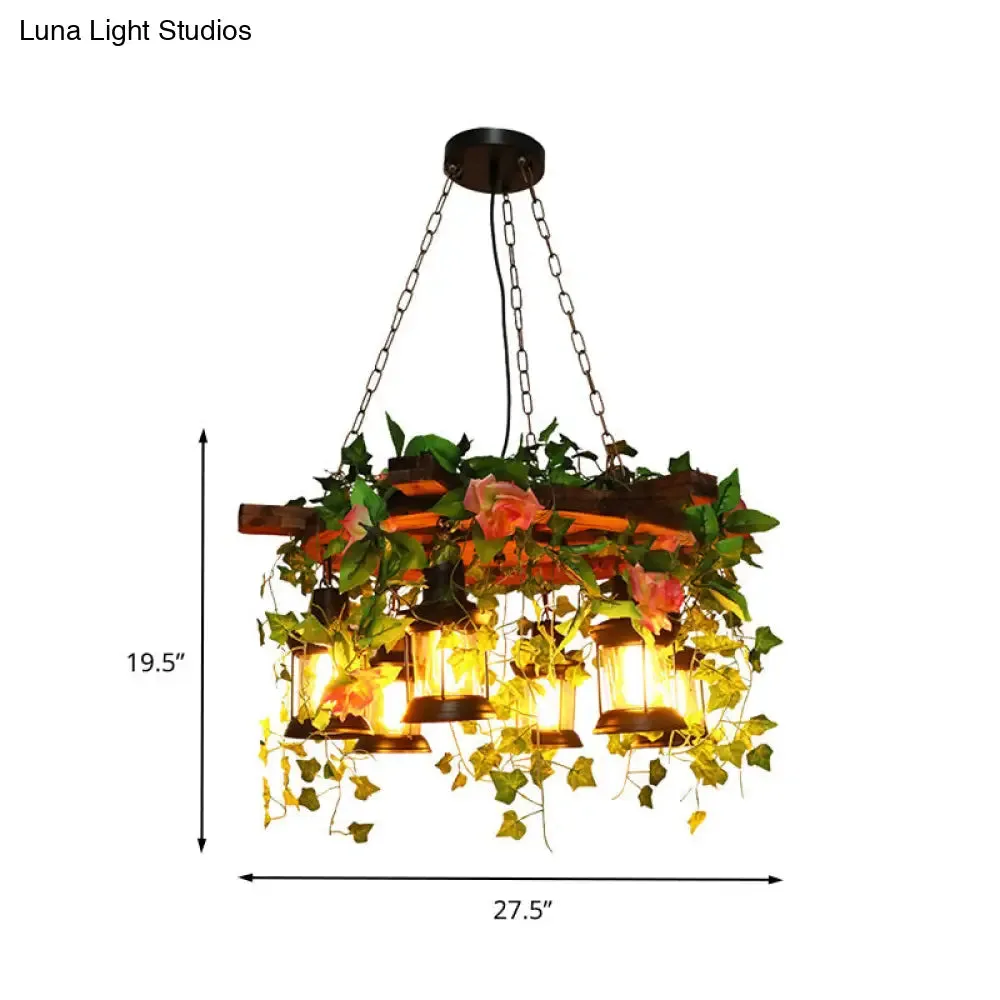 Antique Metal Chandelier with 6 LED Heads and Green Plant Decoration for Restaurant Pendant Lighting