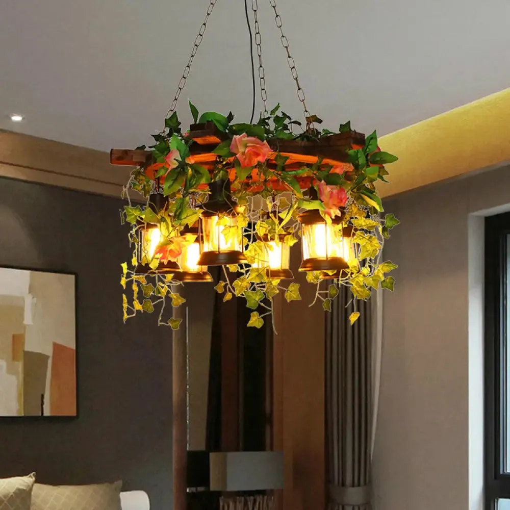 Antique Metal Chandelier with 6 LED Heads and Green Plant Decoration for Restaurant Pendant Lighting