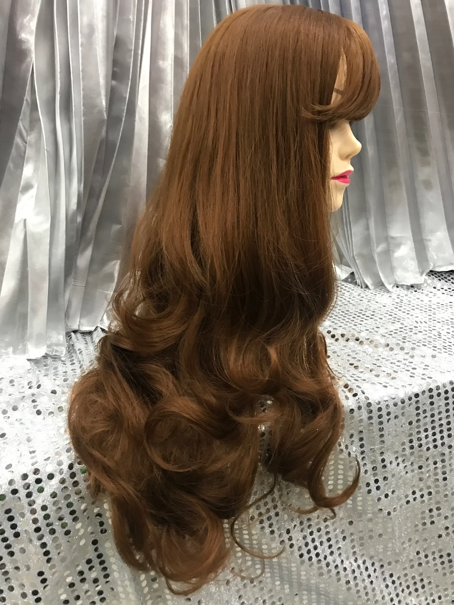 Auburn Brown 26" Synthetic Wavy Wig With Soft Fringe