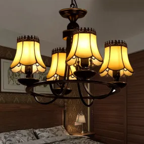 Baroque Bell Shade Chandelier Light Fixture - 4/6/8 Lights Beige Glass Hanging Lamp Kit (Black)