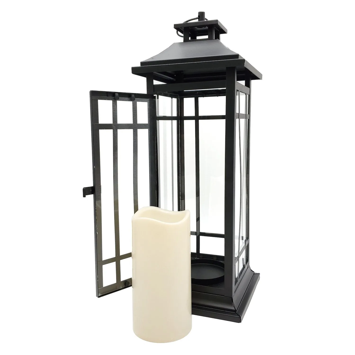 Battery Operated Metal Lantern with LED Candle - Black Window