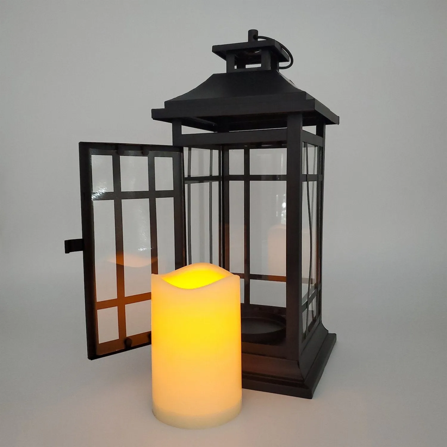 Battery Operated Metal Lantern with LED Candle - Black Window