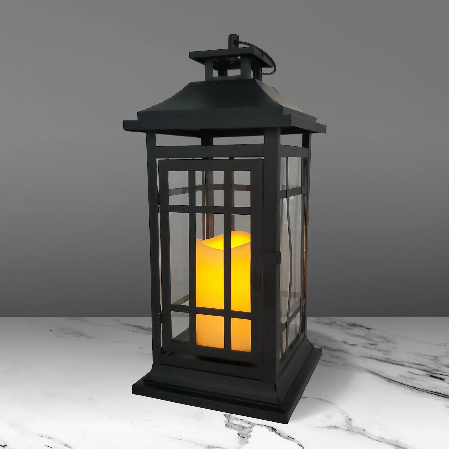 Battery Operated Metal Lantern with LED Candle - Black Window