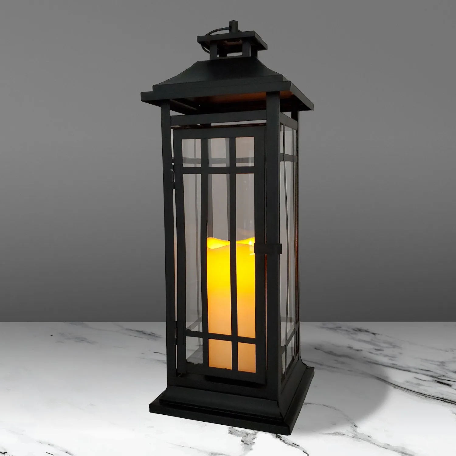 Battery Operated Metal Lantern with LED Candle - Black Window