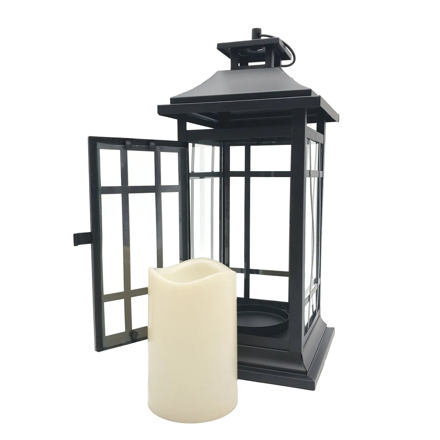 Battery Operated Metal Lantern with LED Candle - Black Window