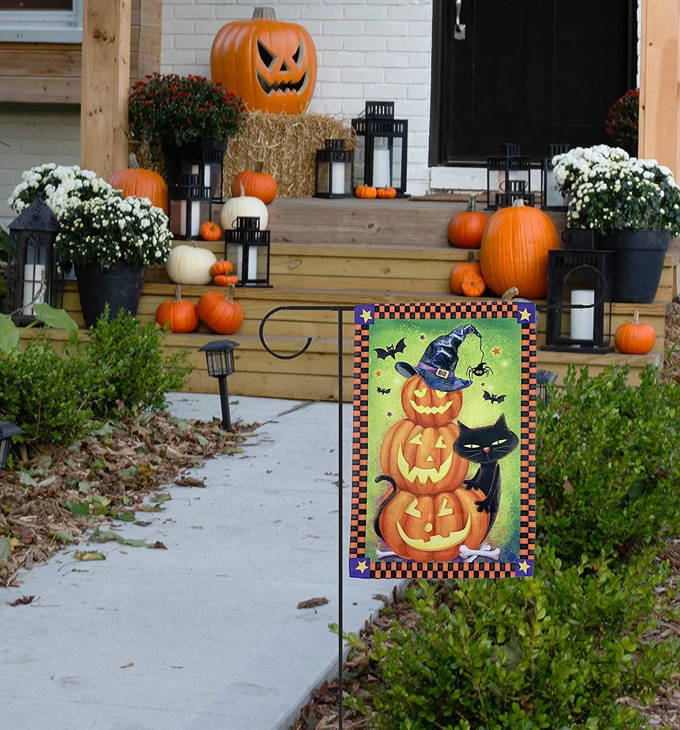 Black Cat Pumpkins Halloween Garden Flag - 12"x18"