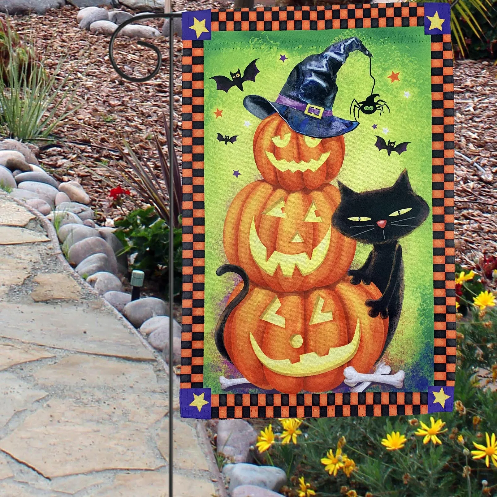 Black Cat Pumpkins Halloween Garden Flag - 12"x18"