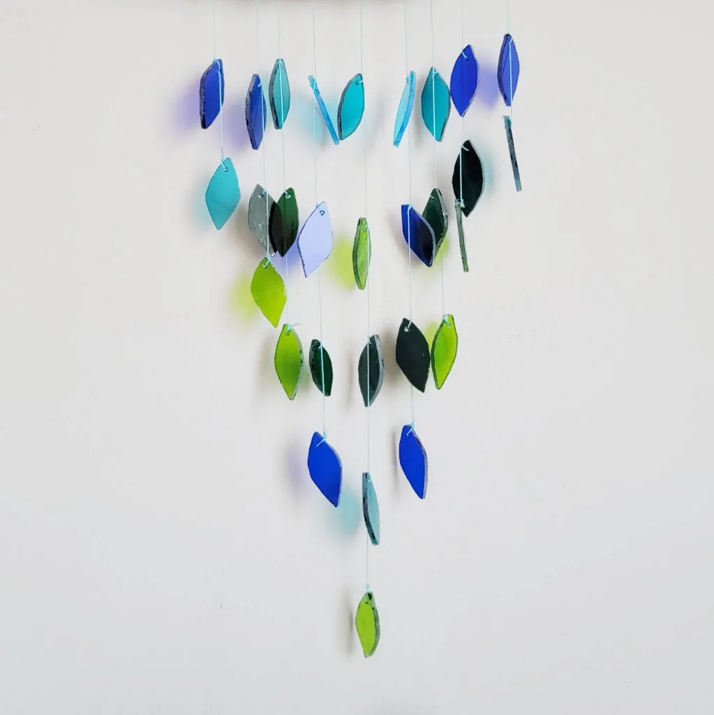 Blue Green Leaf Pyramid Stained Glass Windchime