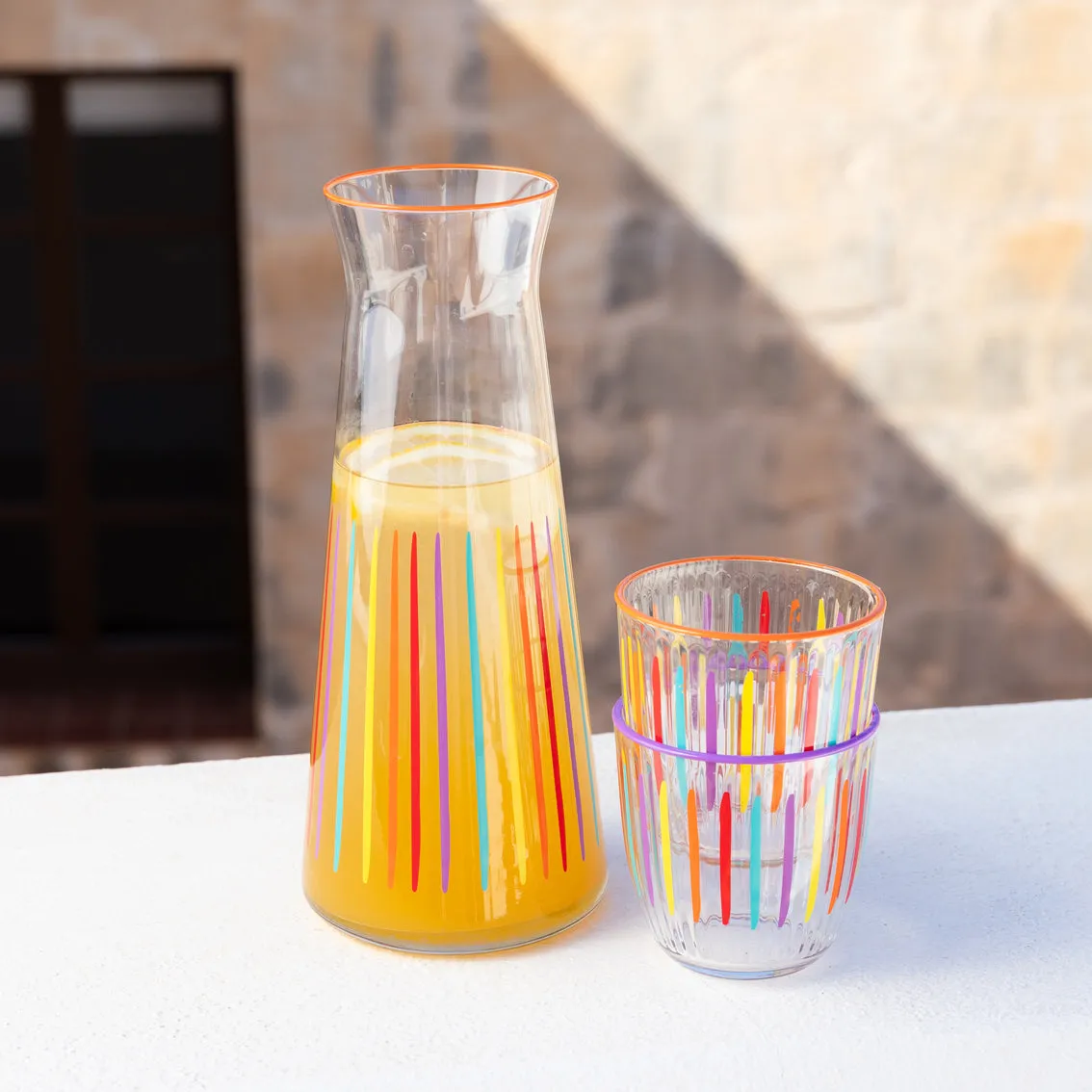 Bright Multi-Coloured Striped Glass Carafe - 25cm