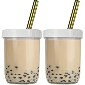 Bubble Tea Cups 2 pack, Reusable Wide Mouth Smoothie Cups, Iced Coffee Cups With White Lids and Gold Straws Mason Jars Glass Cups, Travel Glass Drinking Bottle (16oz, Gold Straws)