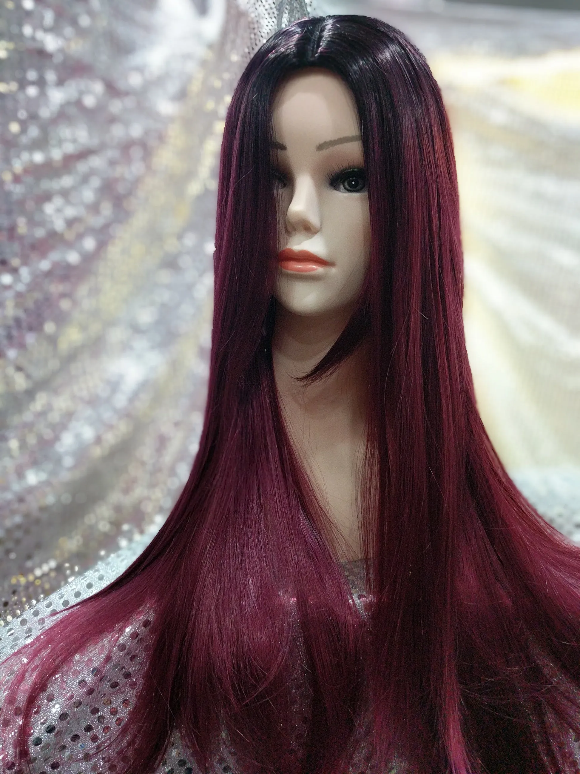 Burgundy Ombre 24" Straight Heat Resistant Wig