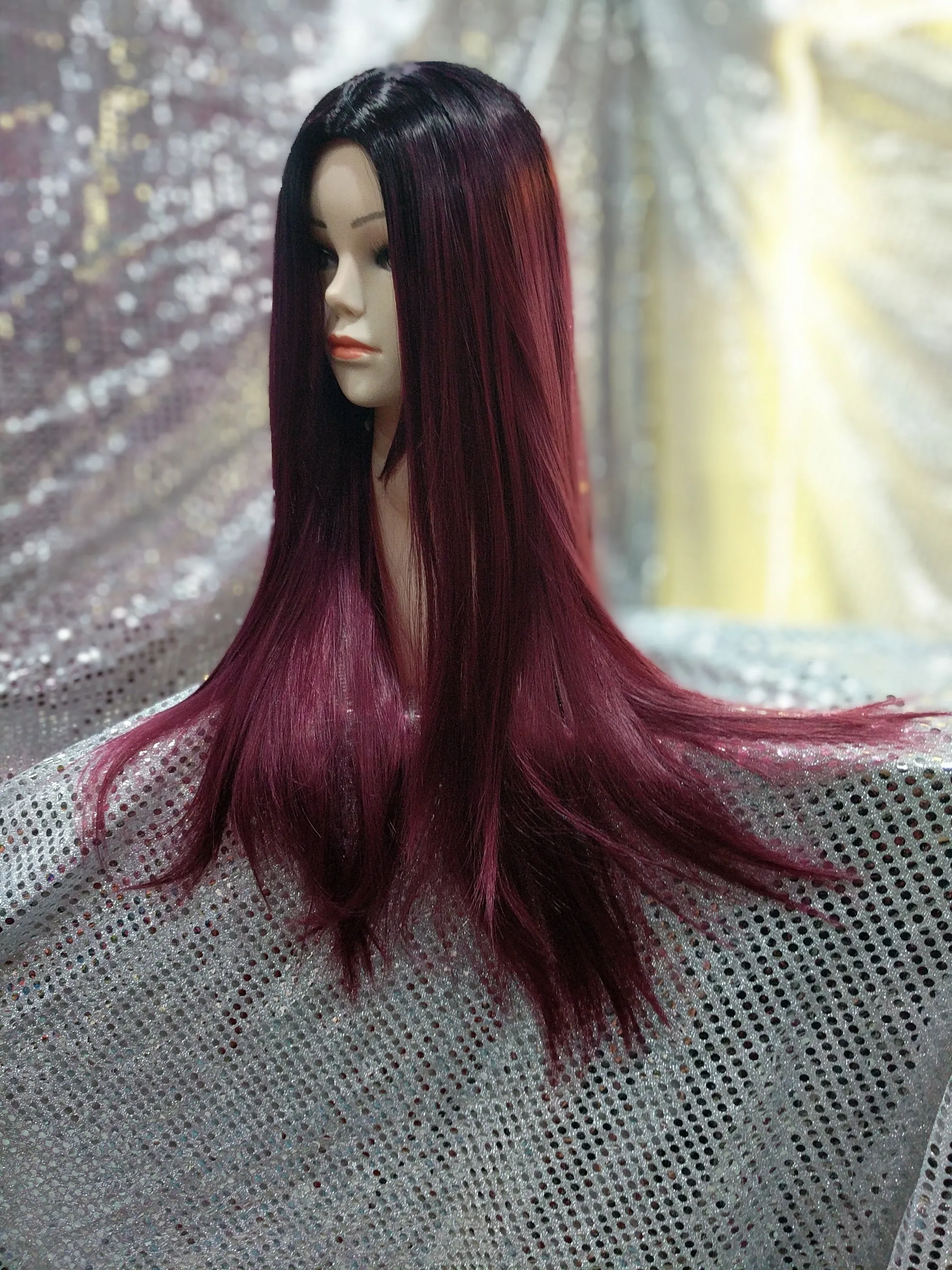 Burgundy Ombre 24" Straight Heat Resistant Wig