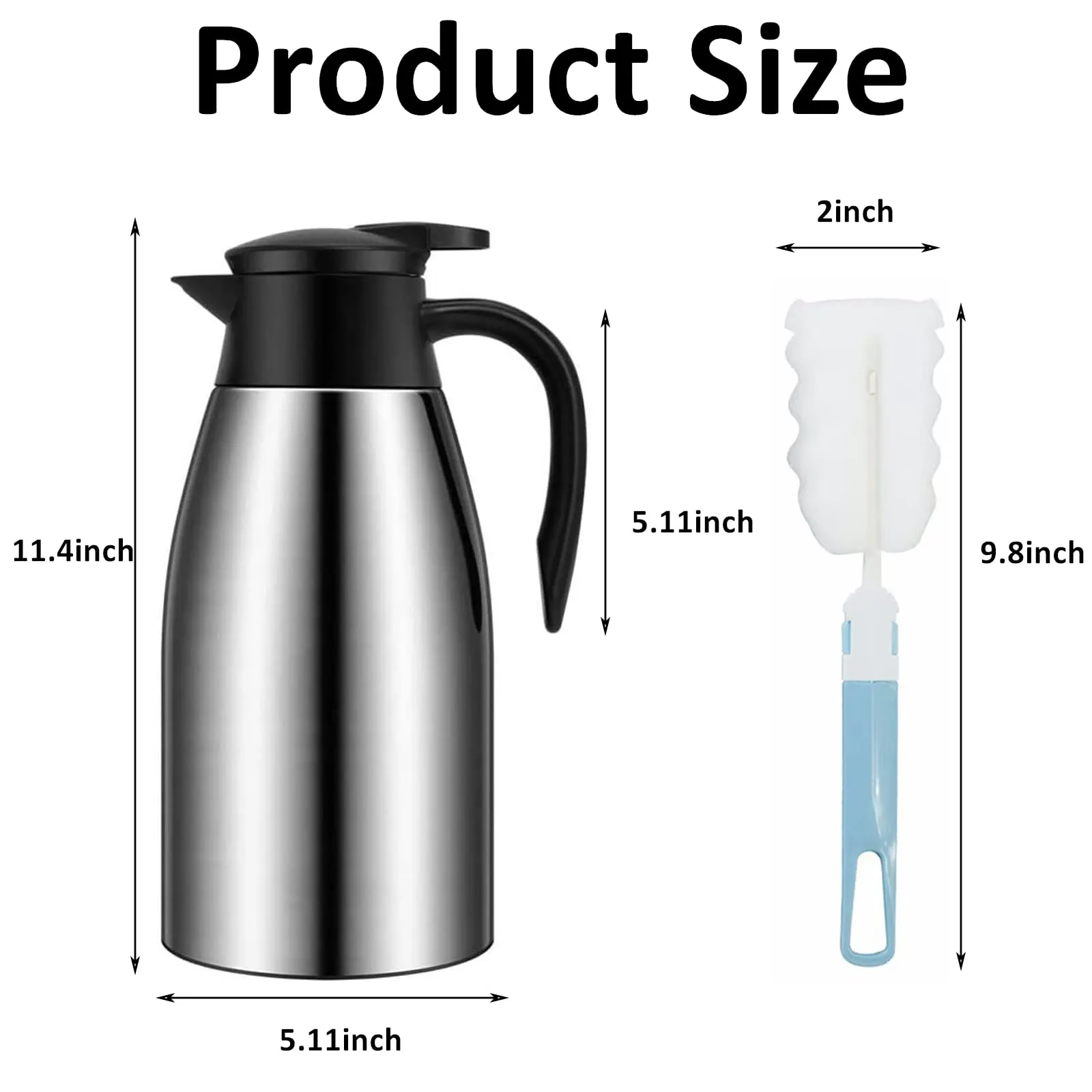 Coffee Carafes for Keeping Hot, 68oz/2L Thermal Carafe for Hot Liquids, Insulated Coffee Thermos, Stainless Steel Thermal Pot Flask Dual Wall Insulated Water Tea Beverage Dispenser Cleaner Brush