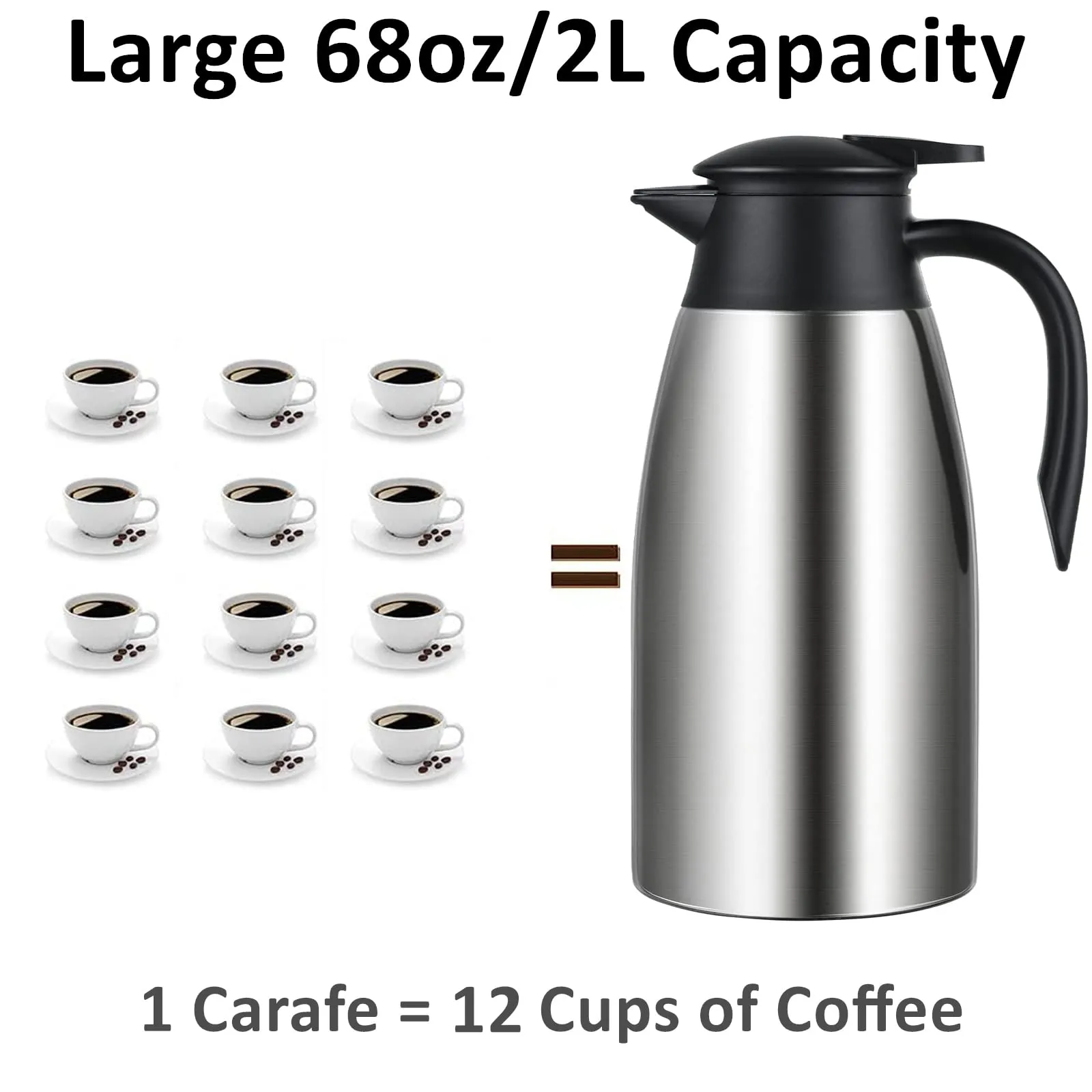 Coffee Carafes for Keeping Hot, 68oz/2L Thermal Carafe for Hot Liquids, Insulated Coffee Thermos, Stainless Steel Thermal Pot Flask Dual Wall Insulated Water Tea Beverage Dispenser Cleaner Brush