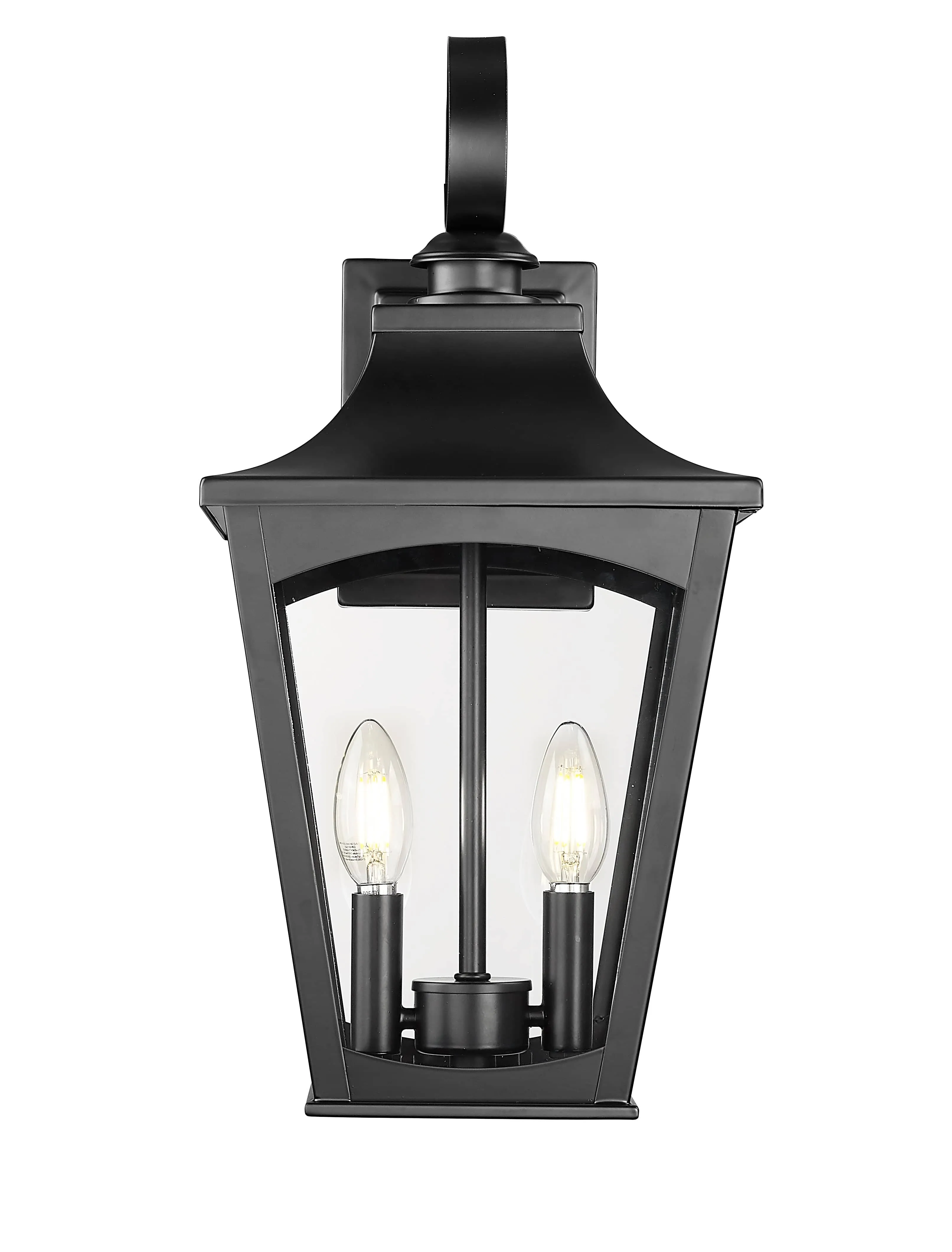 Curry Outdoor Wall Sconce - Powder Coated Black - Clear Glass - 10in. Extension - E26 Candelabra Base