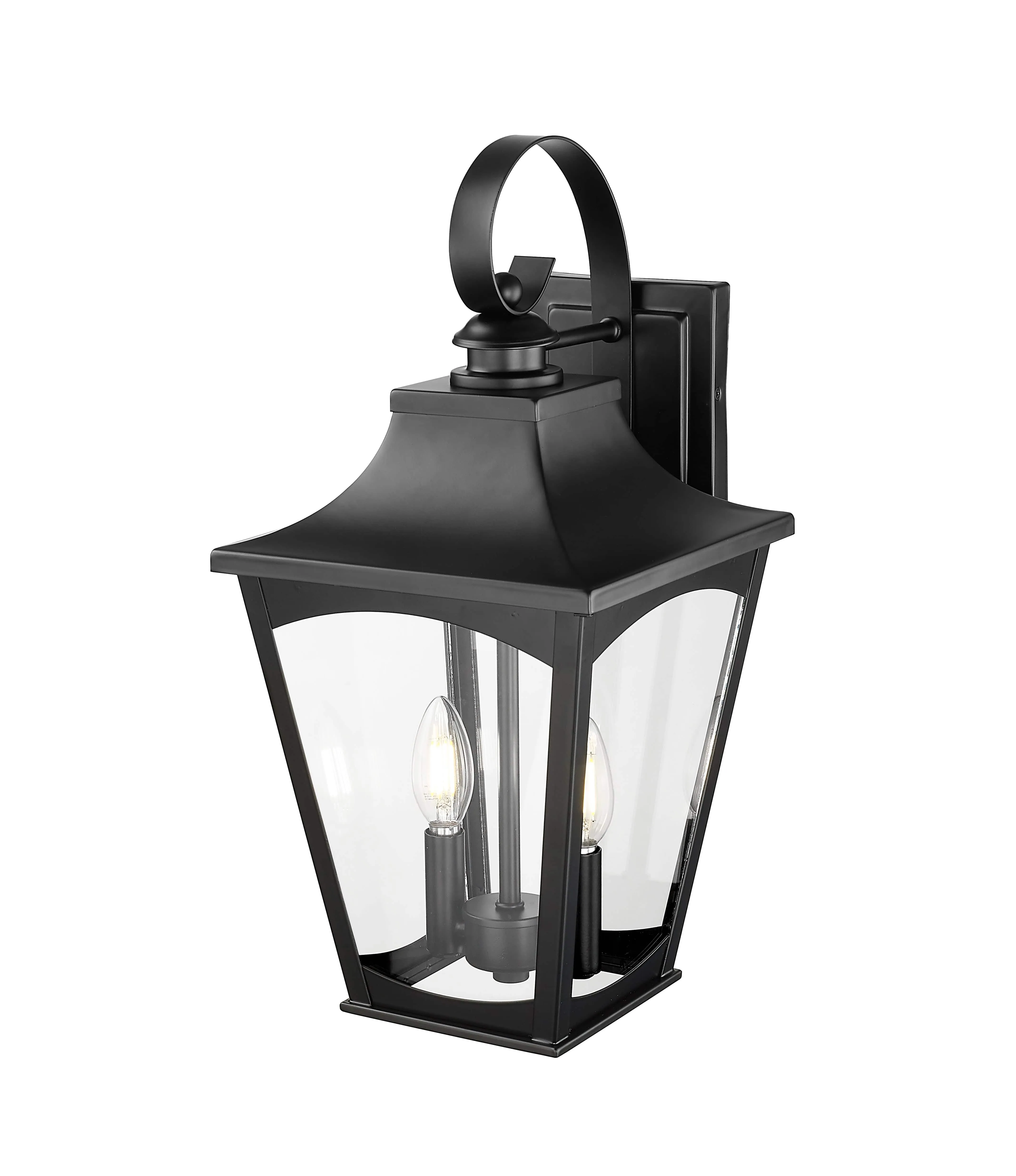 Curry Outdoor Wall Sconce - Powder Coated Black - Clear Glass - 10in. Extension - E26 Candelabra Base