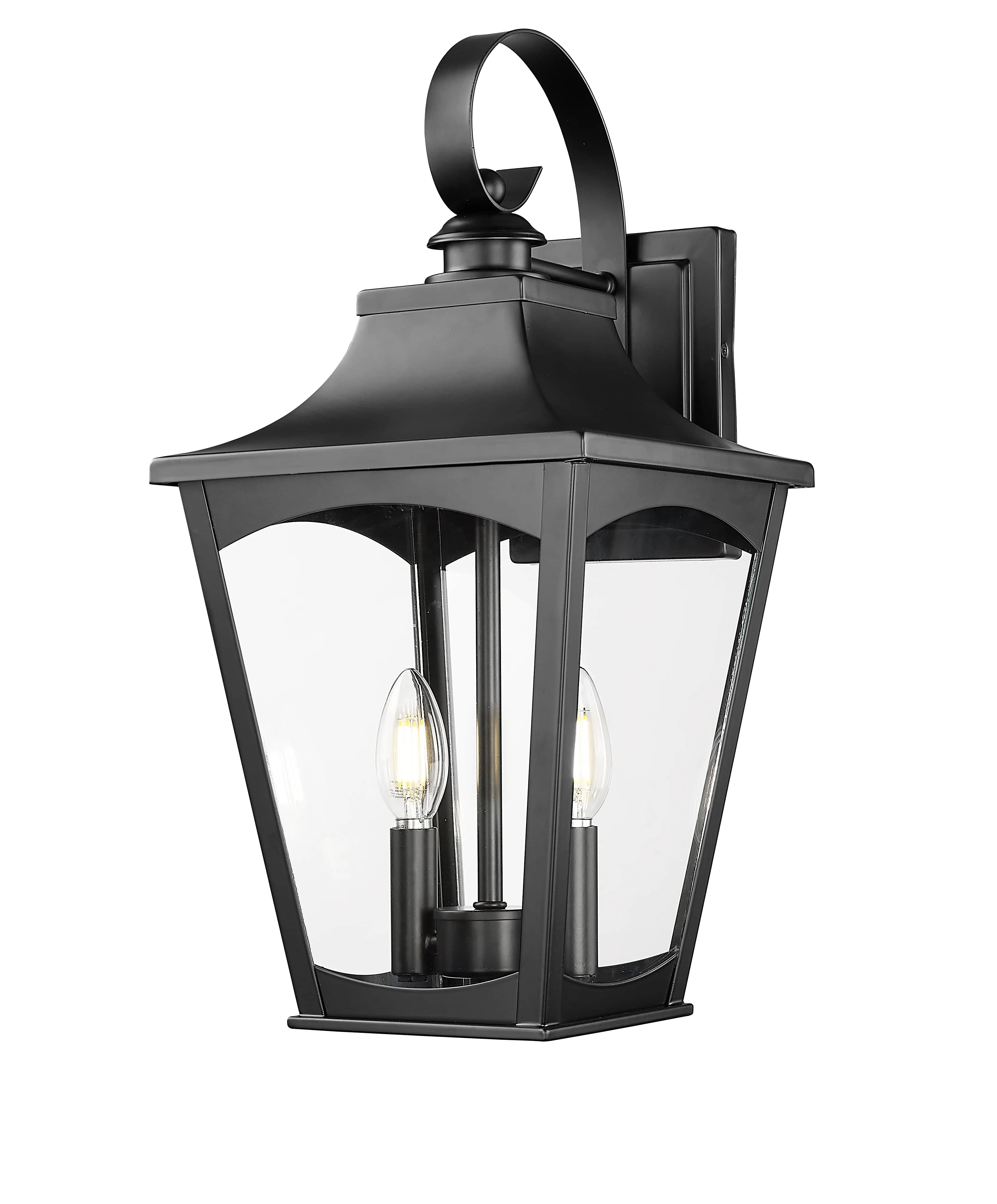 Curry Outdoor Wall Sconce - Powder Coated Black - Clear Glass - 10in. Extension - E26 Candelabra Base