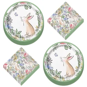 Dainty Painted Garden Rabbit Round Paper Dinner Plates and Lunch Napkins