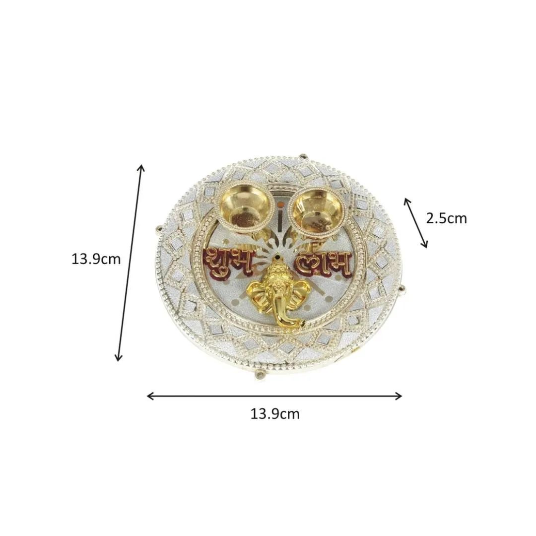 Decorative Haldi Kumkum Holder/ Puja Thali / Pooja Thali Ganesha Face In Centre With Shubh Labh And 2 Katoris - (5.5 X 5.5 Inch)