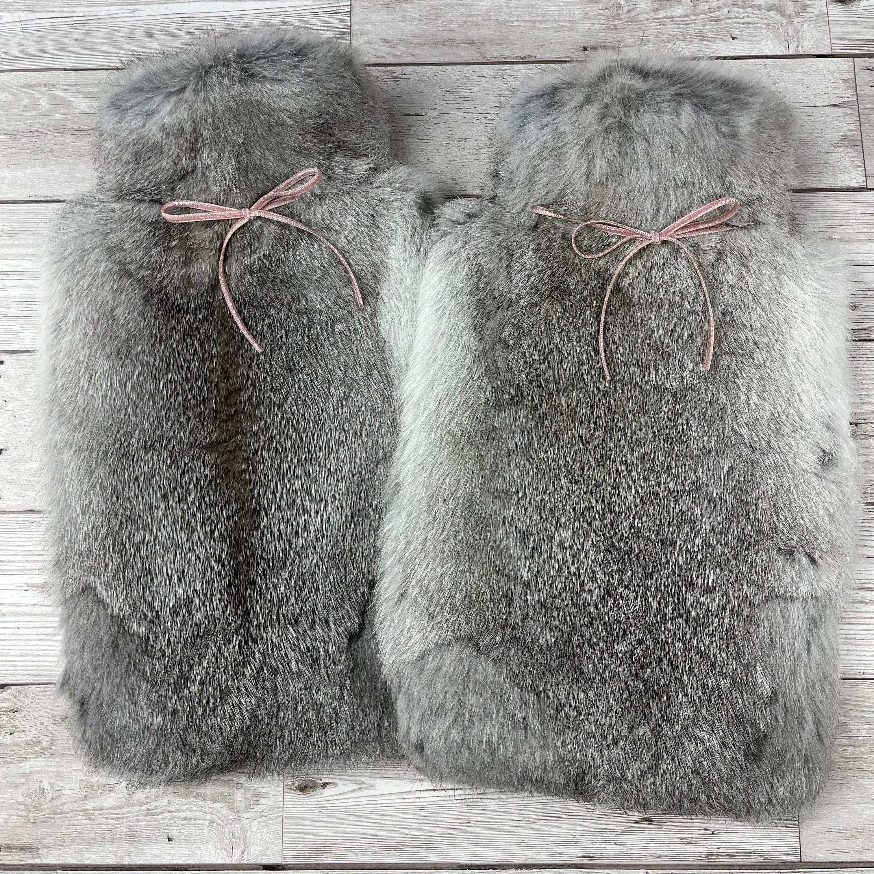 Duo of Luxury Grey Rabbit Fur Hot Water Bottle with pink ribbon.