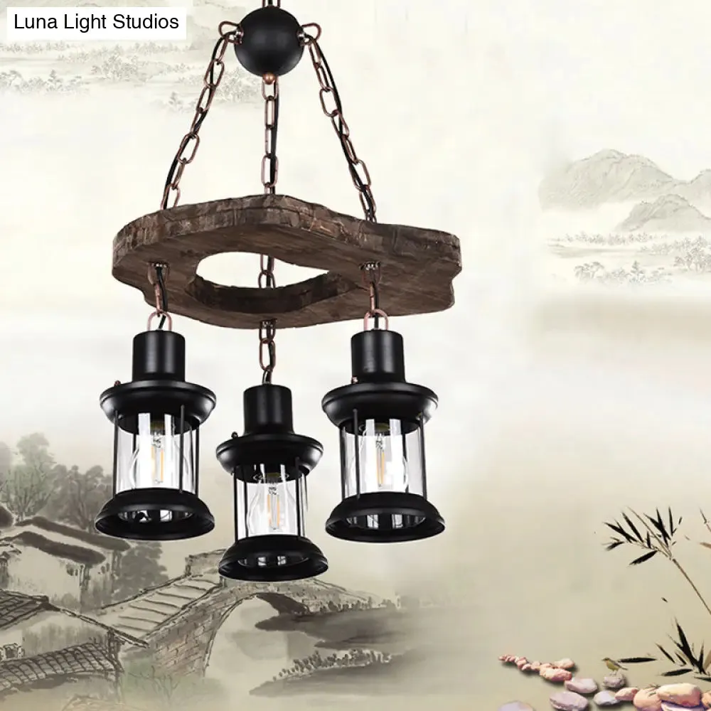 Farm Style Clear Glass Chandelier - Brown Lantern Pendant Light