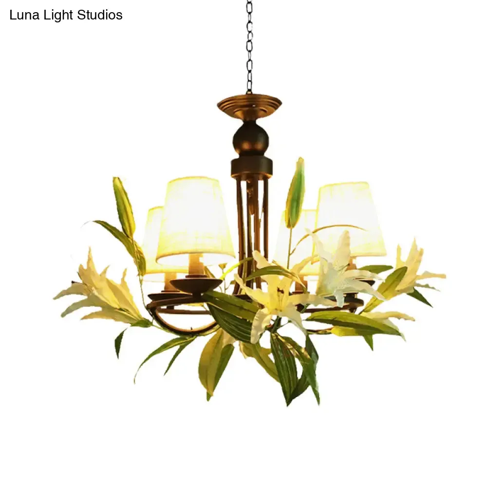 Farmhouse Black Hanging Chandelier with Lily Decoration and 4 Conical Bulbs