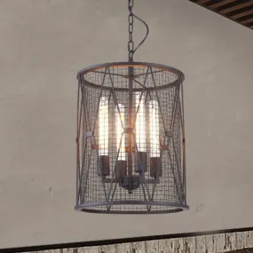 Farmhouse Pendant Light with Mesh Cylinder Metal Shade and 4 Bulbs - Black