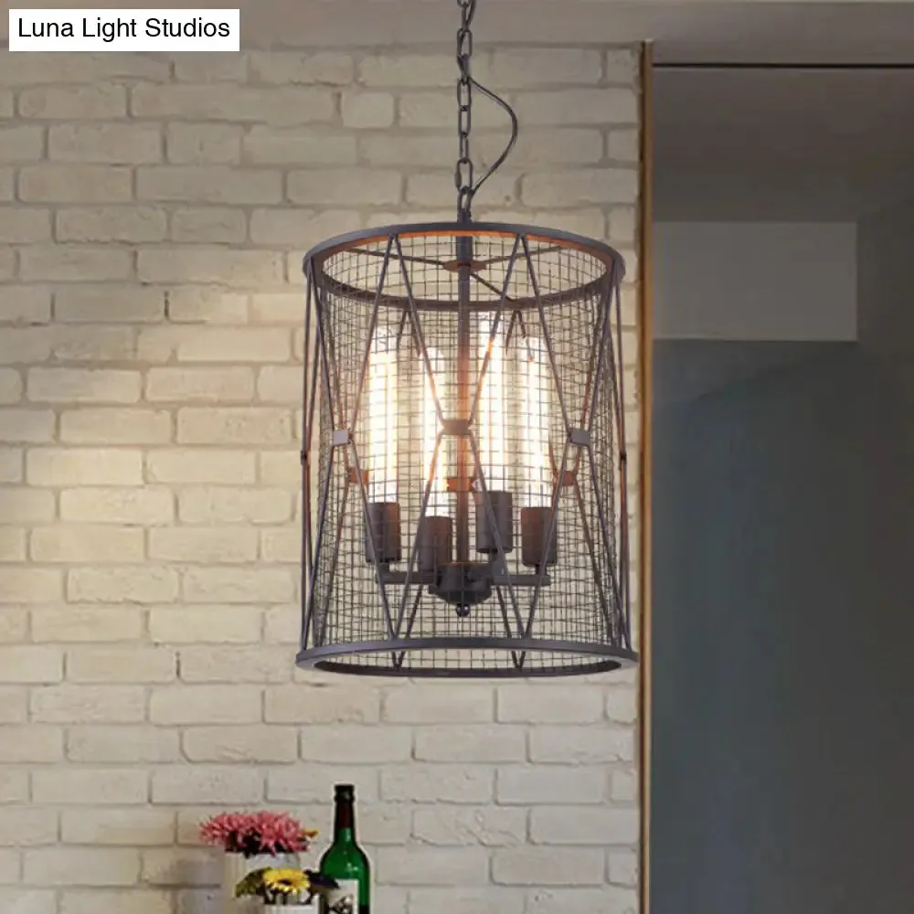 Farmhouse Pendant Light with Mesh Cylinder Metal Shade and 4 Bulbs - Black