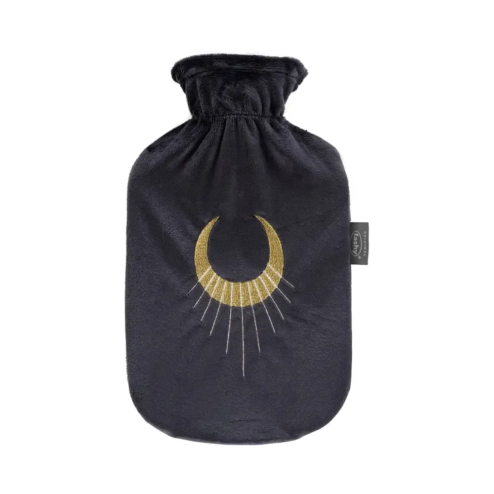 Fashy Hot Water Bottle With Removeable Cover Black Plush Gold Moon