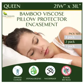 Four Seasons Essentials Queen Size Waterproof Pillow Protectors (Set of 2) - Natural Viscose derived from Bamboo Pillow Covers - Hypoallergenic Dust Proof Zippered Encasements for 20" x 30" Pillows