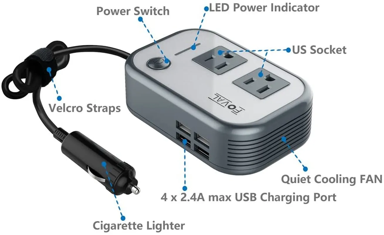 FOVAL 200W Car Power Inverter DC 12V to 110V AC Converter with 4 USB Ports Charger