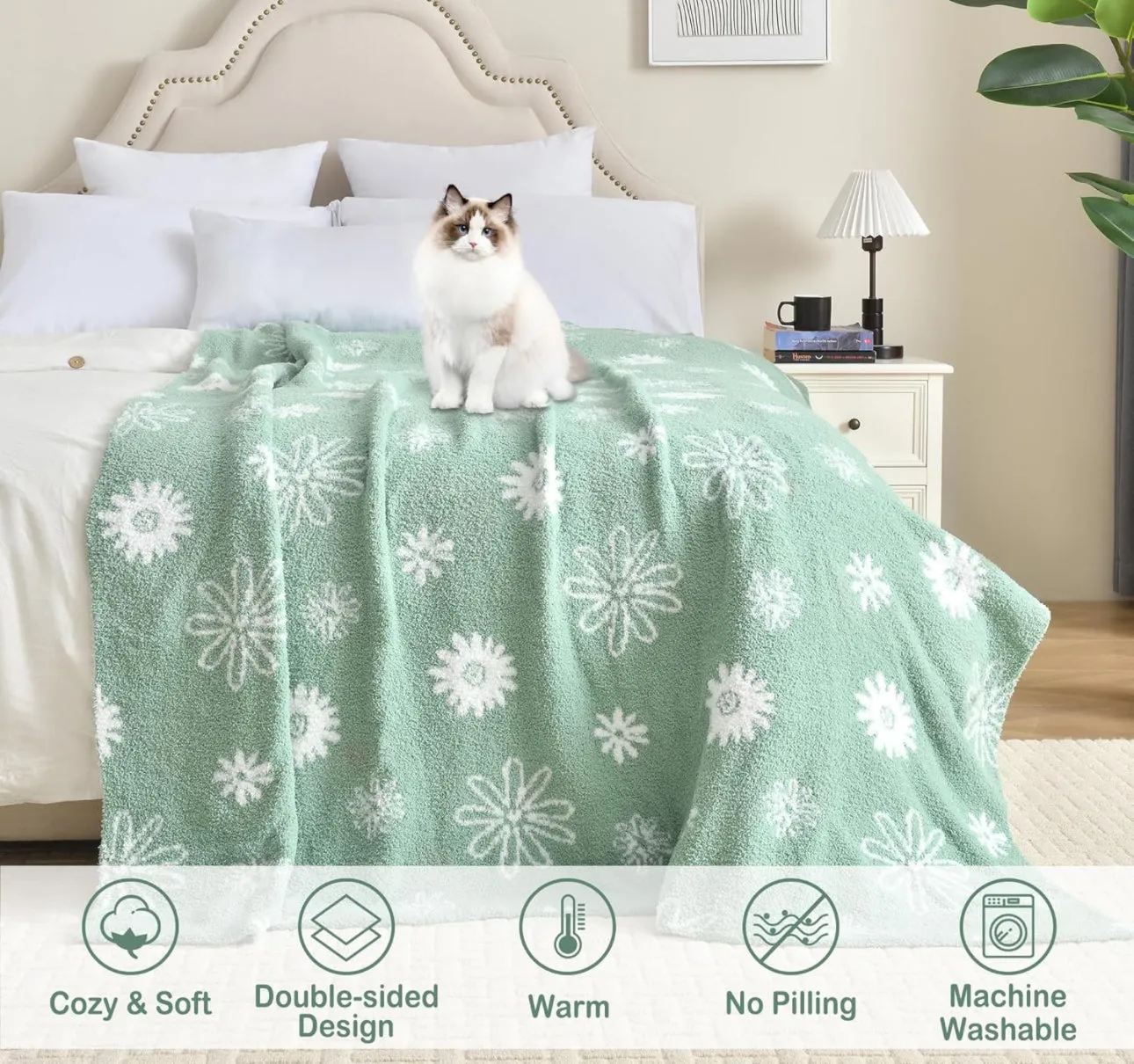 Fuzzy Flower Throw Blanket Soft Cozy Warm Microfiber All Season Blanket Decor for Couch Sofa Bed Travel Home (Green Floret, 50''x60'')