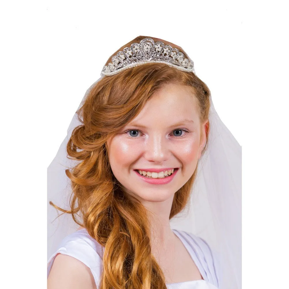 Girls White Rhinestone Pearl Accent Tiara Communion Flower Girl Veil