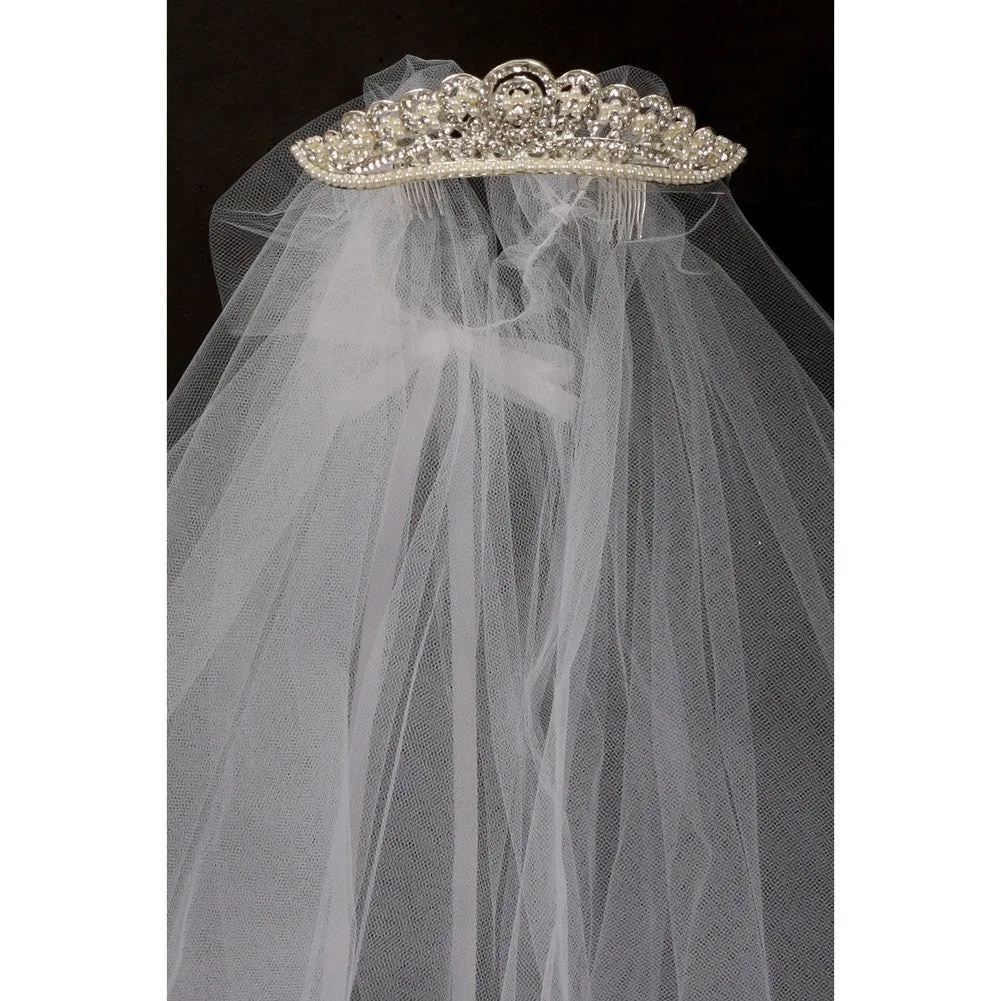 Girls White Rhinestone Pearl Accent Tiara Communion Flower Girl Veil