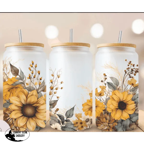 Glass Coffee Cup - Rustic Sunflower