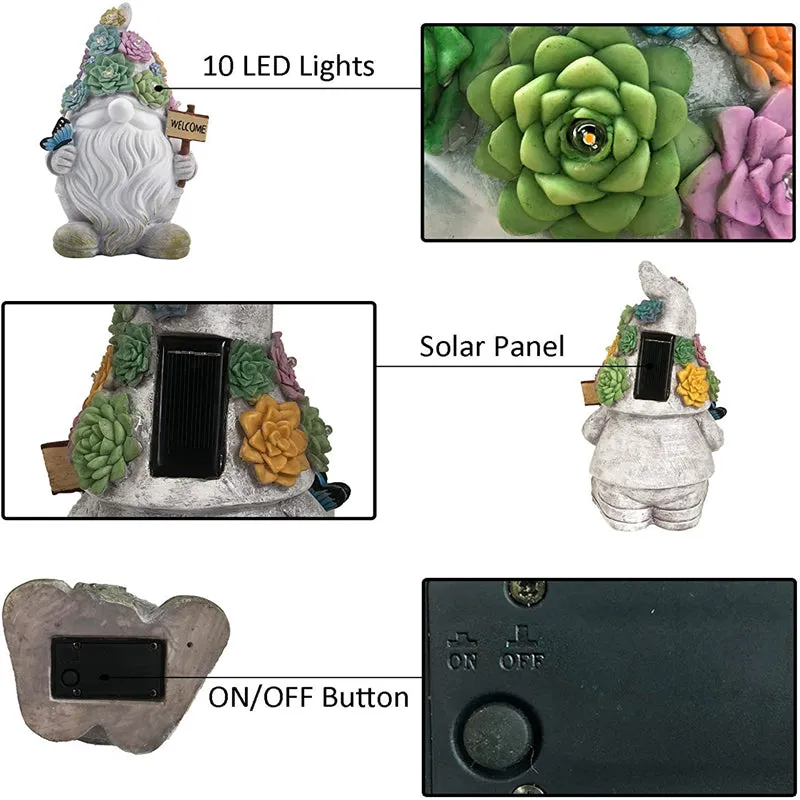 Gnome Resin Statues Outdoor Garden Decoration with Solar LED Light