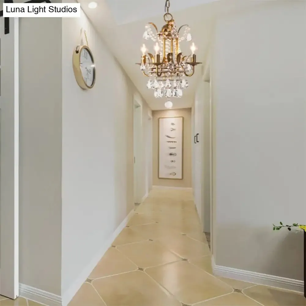 Gold Crystal Drop Chandelier - Modern Corridor Lighting with 4 Lights